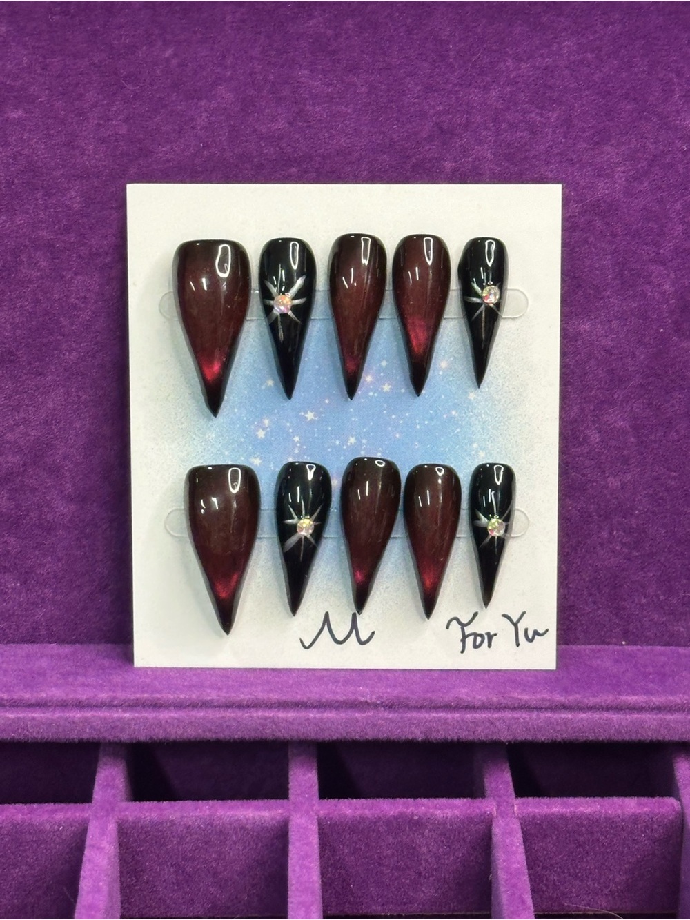 handmade dragon claw nails, garnet chrome & star, size M